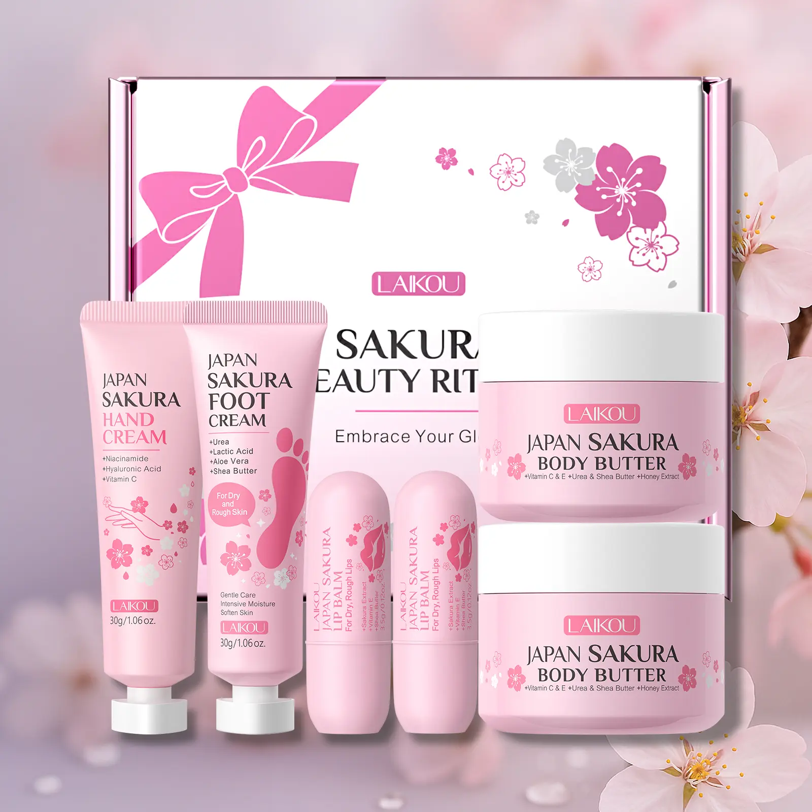 LAIKOU Japan Sakura Daily Care Set | Hand Cream, Foot Cream, Lip Balm & Body Butter | Hydrating, moisturizing, nourishing and repairing, gently cares for all skin of the body,  keeps skin fresh and glowing all day.