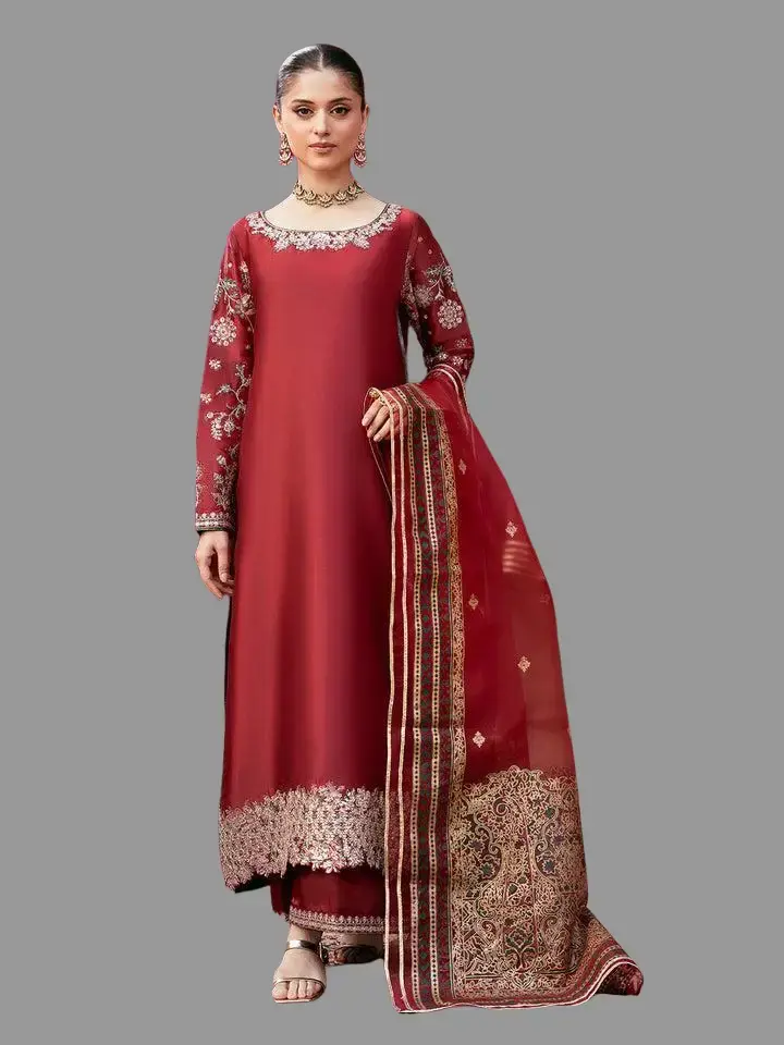 Women's 3-Piece Pakistani Silk Suit, Ready to Wear Party Dress with Sequin Embroidered Shirt, Palazzo Pants & Lace Organza Dupatta, Lady, Printed, Scallop, Elegant, Embroidery