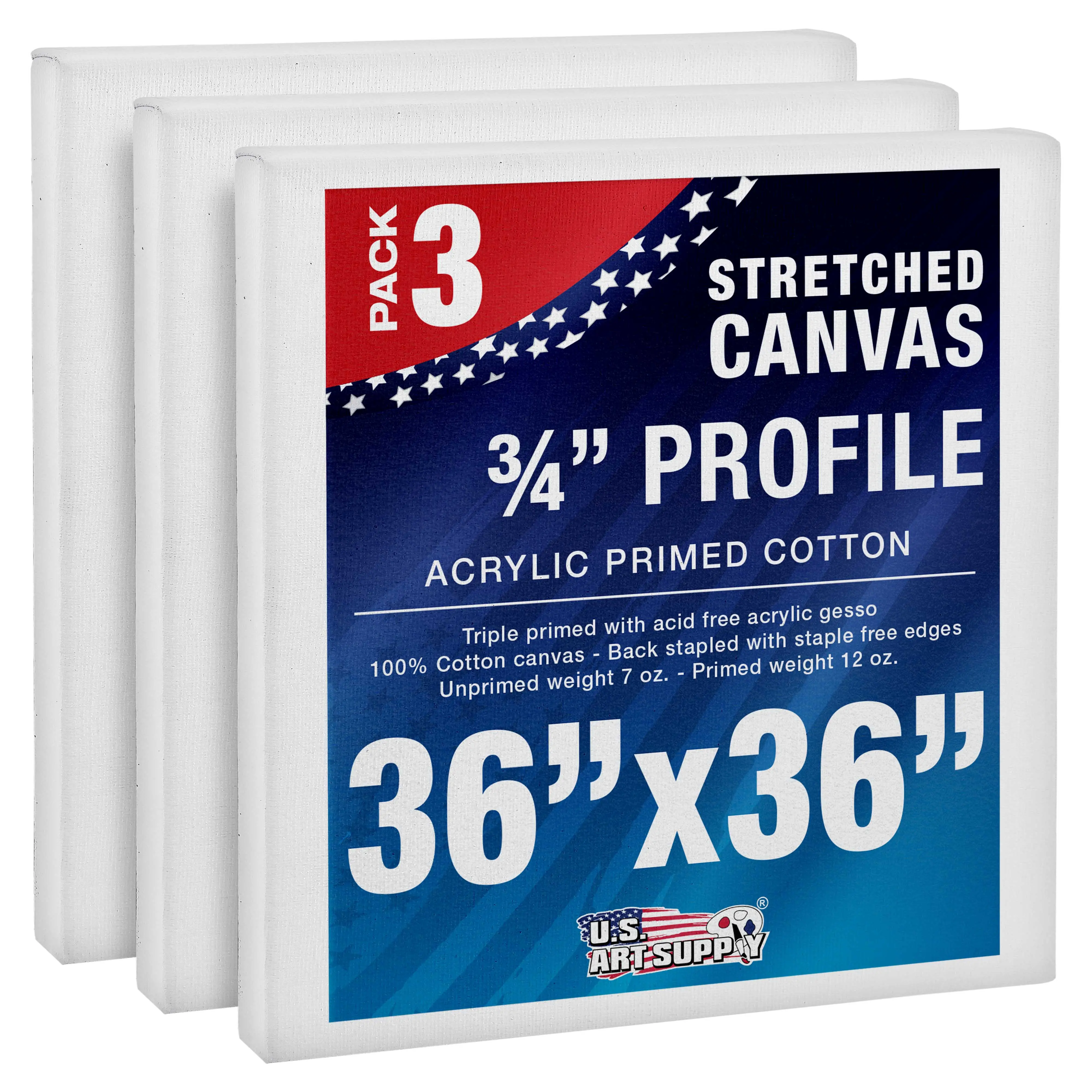 36 x 36 inch Stretched Canvas 12-Ounce Triple Primed, 3-Pack - Professional Artist Quality White Blank 3/4" Profile, 100% Cotton, Heavy-Weight Gesso