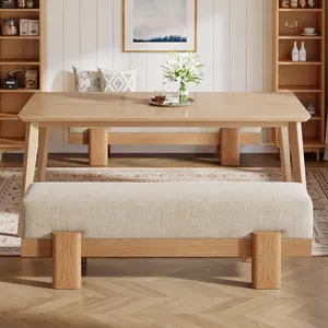 55 in Upholstered Dining Bench - Fabric Padded Seat, MDF Frame, Beige Oak Style Bench for Kitchen, Dining Room