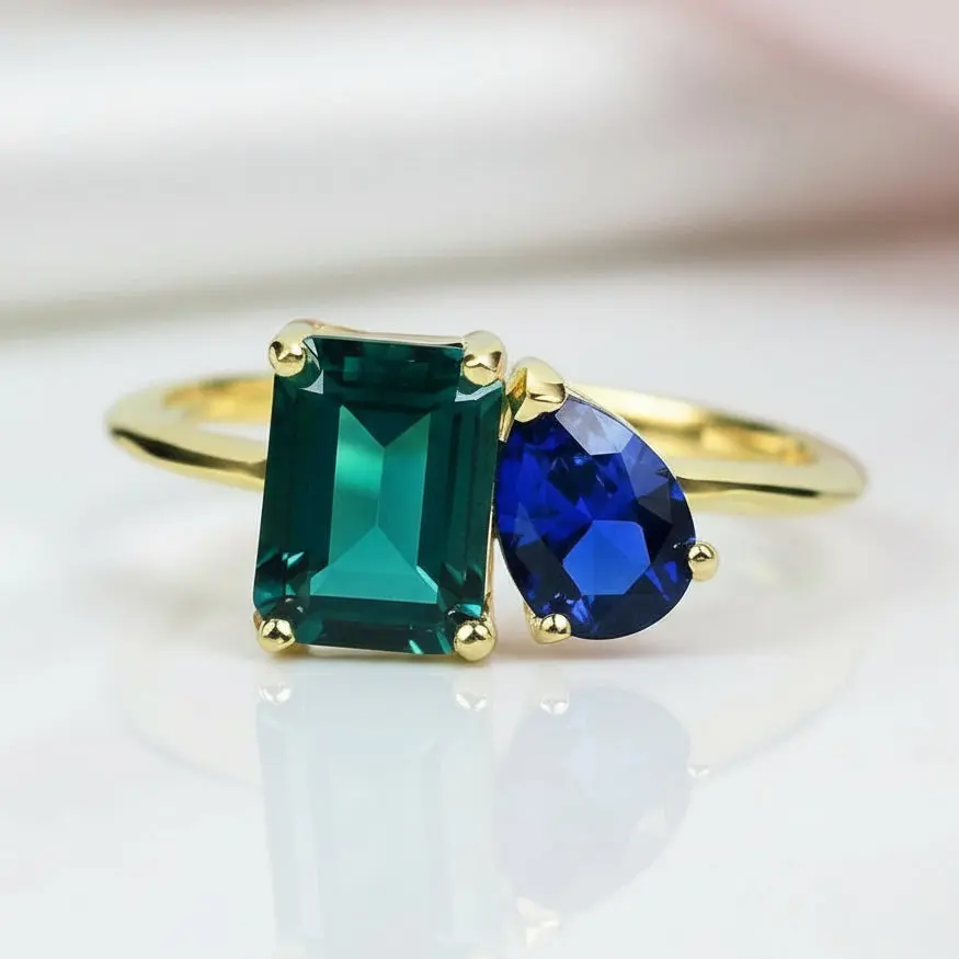 Yellow Gold Emerald & Pear Cut Solitaire Engagement Ring