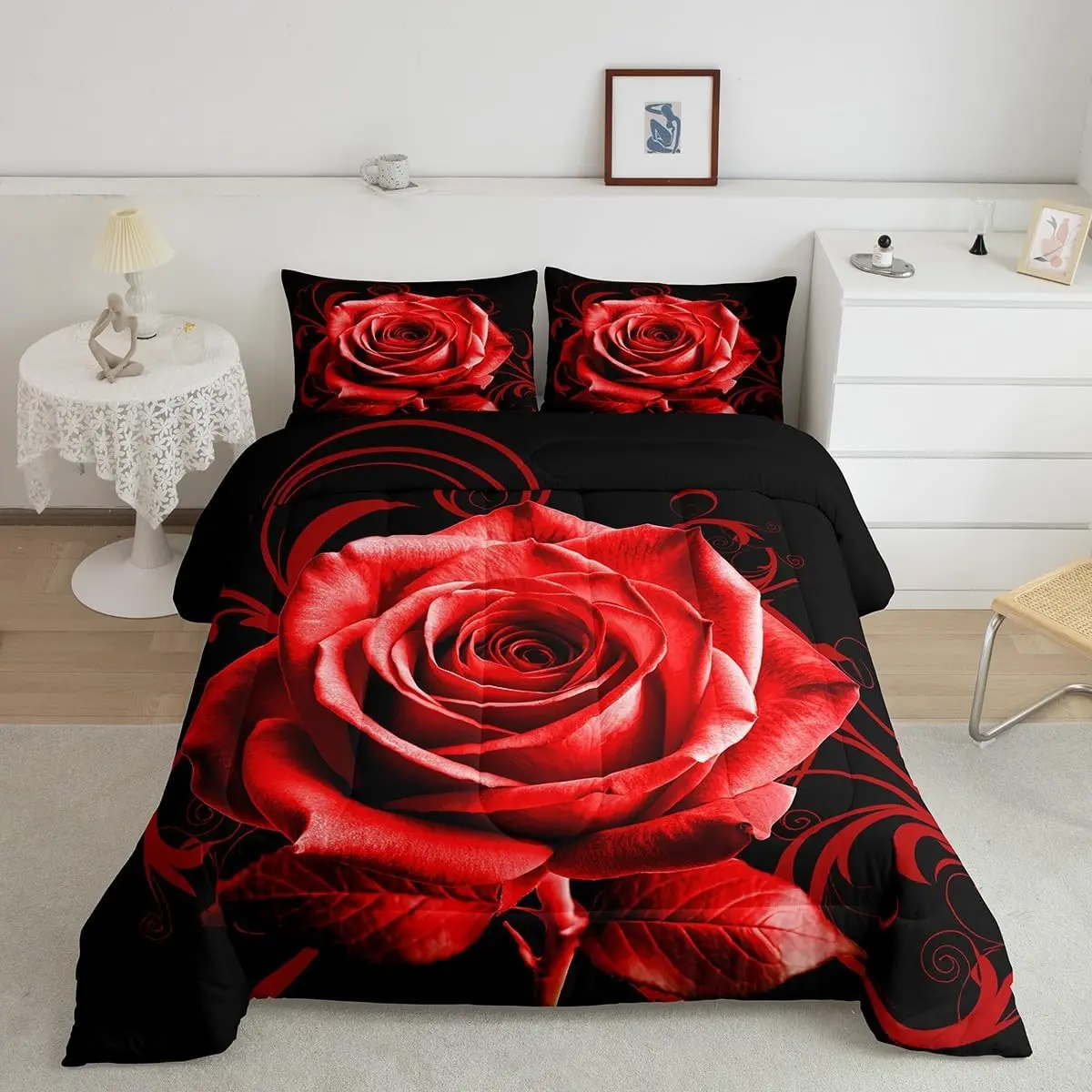 Feelyou Red Rose Microfiber Duvet Set - Breathable, Digitally Printed, Romantic Decorative Bedding, Multi-Size Machine-Washable Bedspread for Valentine’s Day Room Decor (Red Rose Duvets), Breathable Duvet Set