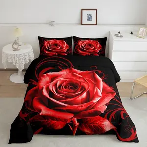 Feelyou Red Rose Microfiber Comforter Set - Breathable Duvet Set with Digital Print, Romantic Decorative Bedding, Multi-Size Machine Washable Bedspread for Valentine’s Day Room Decor