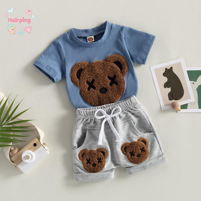 Baby Boys Summer 2-piece Outfits, Cartoon Bear Pattern Short Sleeve T-shirt and Casual Elastic Shorts Set, Casual Baby Boys Outfits