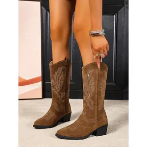 Women's Matte Leather Western Cowboy Boots, Embroidered Design, Fashionable Free Spirit Style, Perfect for Daily Wear & Trendy Occasions