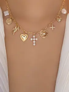 Delicate Heart Cross Alloy Charms Necklace - Simple Retro French Style High-End Jewelry For Women, Suitable For Daily & Party Wear