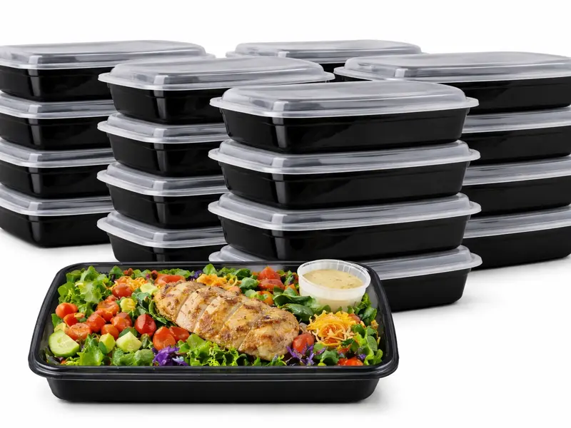 32oz One Time Use Plastic Black BPA Free Food Prep Containers, Nuts Container, Bento Box, Fast Food Take Out Box, BBQ Box, Portable, Stackable, Extra Thick, Microwavable, Freezer Safe, Disposable, Leak proof, Dish Washer Safe