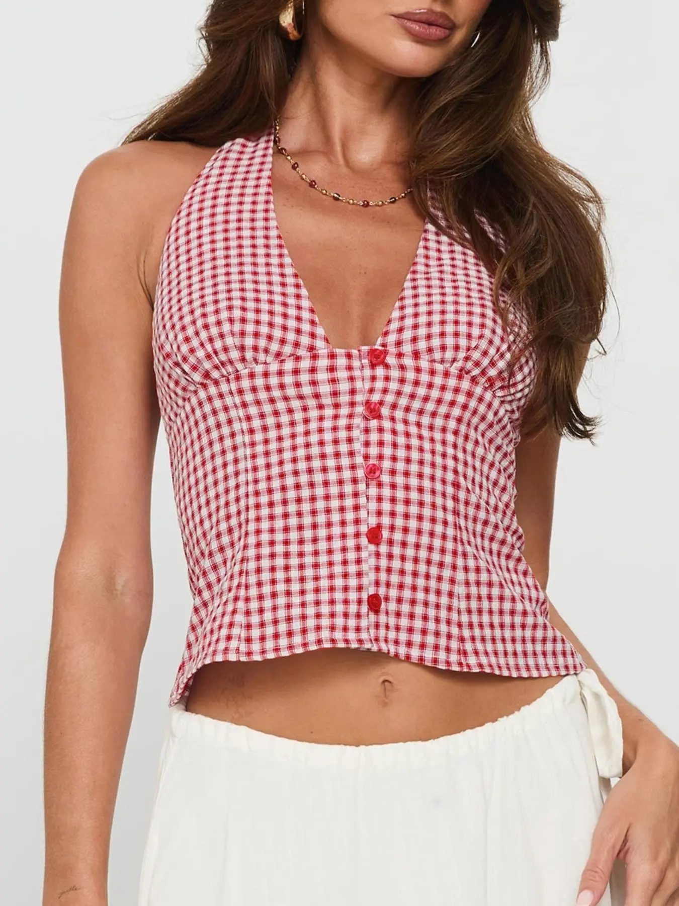 Plaid Deep V Backless Slim Casual Fitted Sleeveless Short Crop Top Women Sexy Halter Sleeveless Shirt Casual Sleeveless Cropped