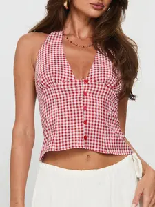 Plaid Deep V Backless Slim Casual Fitted Sleeveless Short Crop Top Women Sexy Halter Sleeveless Shirt Casual Sleeveless Cropped