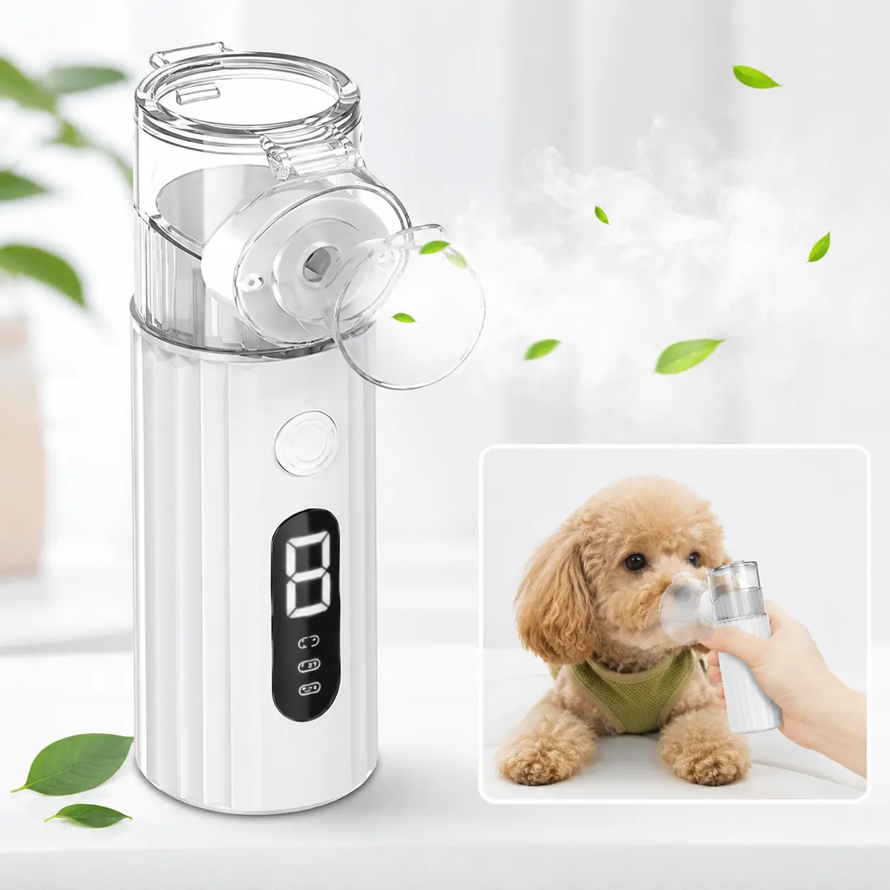 Portable Rechargeable Pet Nebulizer for Cats and Dogs, Handheld Fine Mist Device with Smart LED Display, 2 Adjustable Modes, Self-Clean Function, Low-Noise Operation, Large and Small Masks, Mouthpiece and Type-C Cable