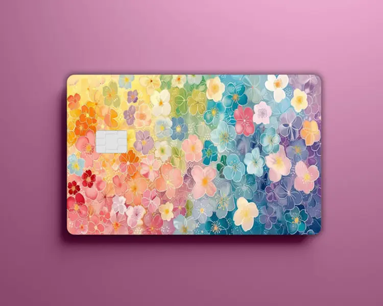 Colorful Floral Credit Card Skin Sticker – Pastel Rainbow Flower Debit Card Cover, Cute Blossom Waterproof Vinyl Card Decal, Aesthetic Card Sticker
