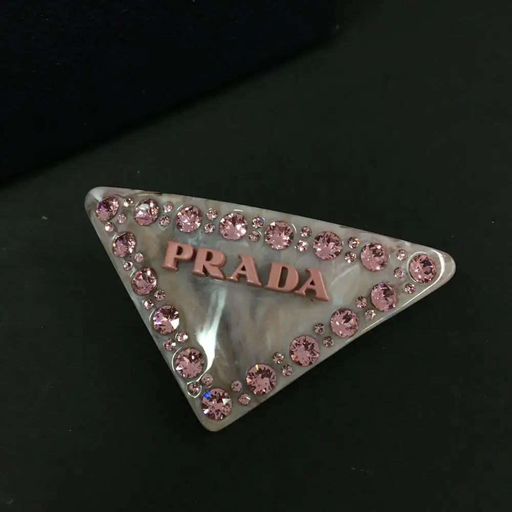 Pre-owned Prada Triangle Logo Rhinestone Pink Tone Barrette 18387386371/740388