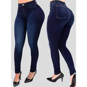 Women's high waist slim fit jeans skinny jeans plus size fashion body shaping premium sexy jeans solid blue jeans