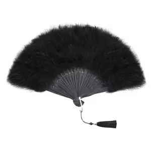 Black Feather Fan 20s Vintage Folding Fan Flapper Hand Fan for Costume Dancing Show Tea Party Wedding Decoration - Home Improvement.