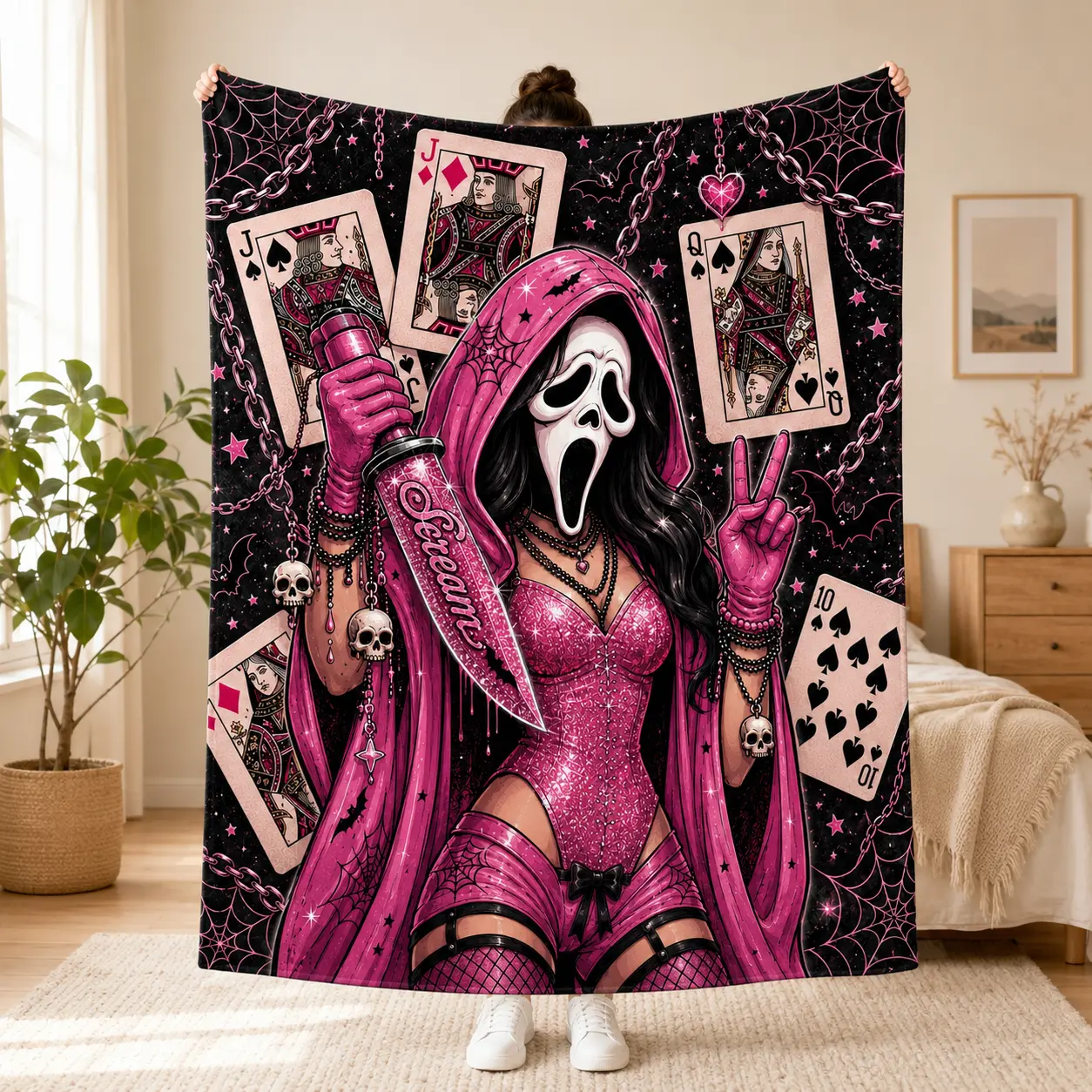 Soft Fleece Throw Blanket Pink Ghostface Horror Movie Spooky Season Gift for Women & Girls Nap Blanket for Home Couch Sofa Office Travel Camping