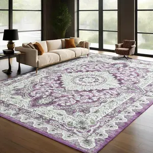 Large Faux Cashmere Vintage Rug for Bedroom,Dining Room, Low Pile Soft Boho Floor Covering Carpet Retro Distressed Medallion Mat Traditional Interiors,Machine Washable,Non-Slip Backing,Indoor Floormat Home Decor,Green,Blue,Purple,Brown,5x7,6x9,8x10 Feet