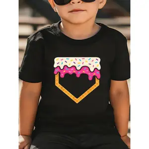 Cute Kids Black T-Shirt with Colorful Waffle Cone Graphic |   Yellow Pink and White Melting Icing with Sprinkles, Fun Summer Wear for Boys and Girls, Crew Neck, Short Sleeve, Regular Fit
