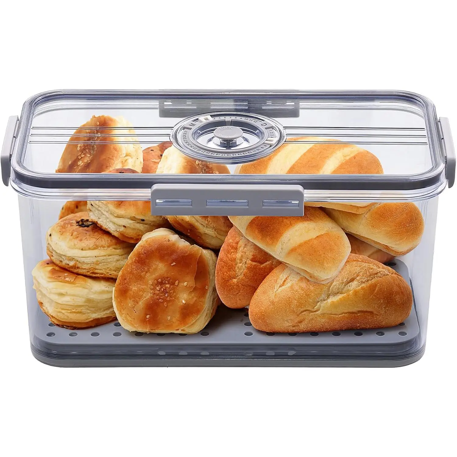 5.5 L Airtight Bread Keeper with Time Recording Lid, Grey Kitchen Counter Storage Container for Homemade Loaves, 5.5 Liter