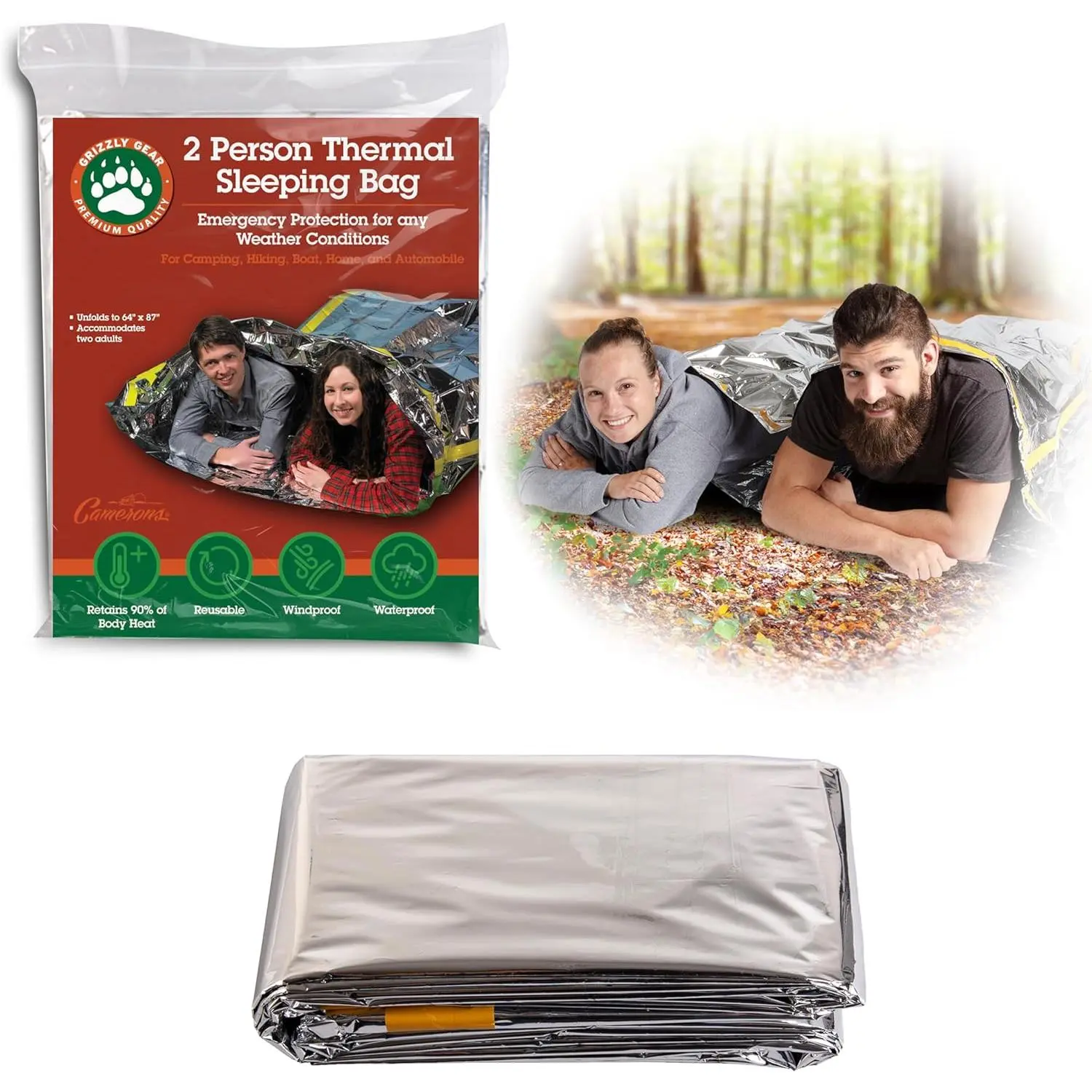 Emergency  Mylar Thermal 2 Person Sleeping Bag - Accommodates 2 Adults - 64" X 87"