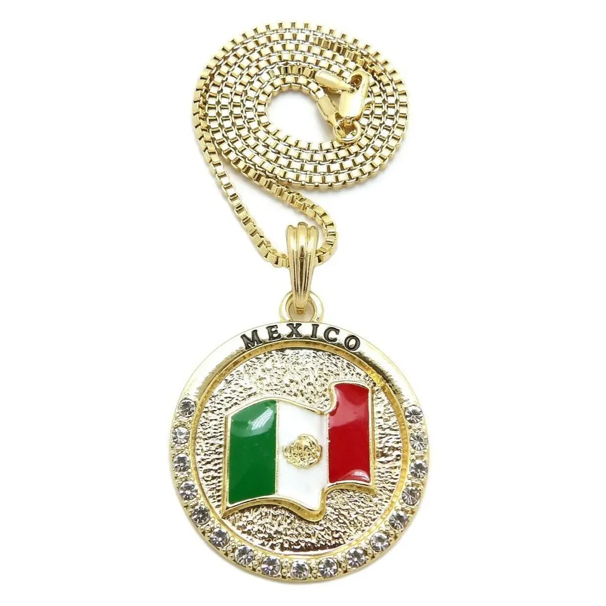 MaxBling81 Mexico Flag Gold Plated Medal Pendant Chain Link Necklace - 2mm Multi-Size Box Chain (18in, 20in, 24in, 30in), Unisex Hip Hop Costume Jewelry Accessory, Chain Link Necklaces