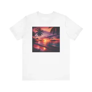 "Paradise Dusk: A Symphonic Blend of Sun, Sand & Serenity" - Tropical Beach Sunset with Palm Trees Unisex Jersey Tee Shortsleeve Classic Cotton Fabric Menswear Soft Top Collars