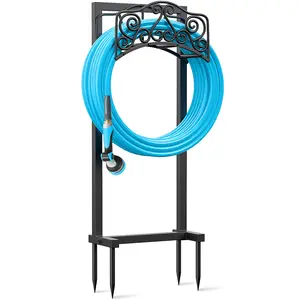 Upgraded Garden Hose Holder, Freestanding Heavy Duty Hose Hanger with 4-Anchor Base, Sturdy Yard Hose Stand for 100ft Hose Storage, Detachable & Rust-Proof, Black
