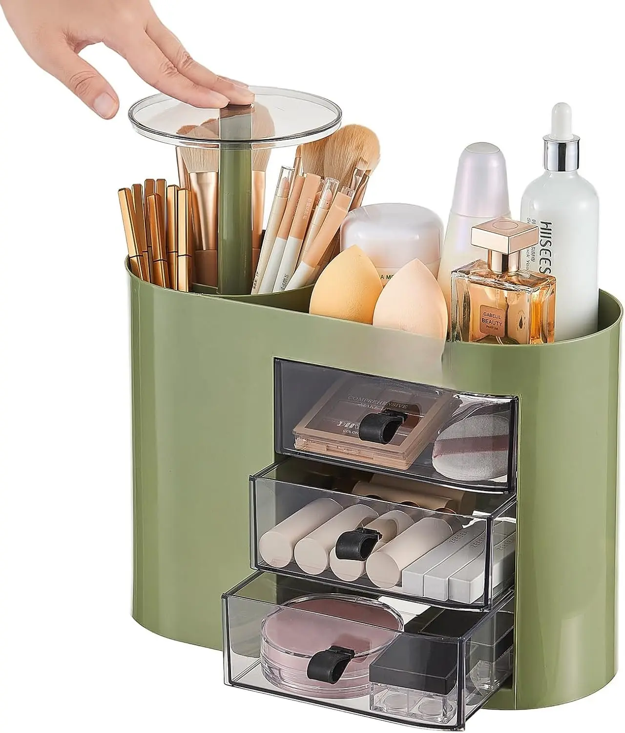 Makeup Organizer with Pop-Up Brush Holder for Dresser Vanity, Plastic Bathroom Counter Organizer with 3 Drawers & Dust-Proof Cover,  Display Case for Lipstick, Skincare,  Green