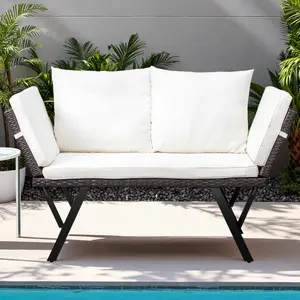 70.3" Convertible Outdoor Rattan Sofa - Adjustable Armrests, Daybed/Double Chair, Removable Cushions/Pillows (Gray/Beige)