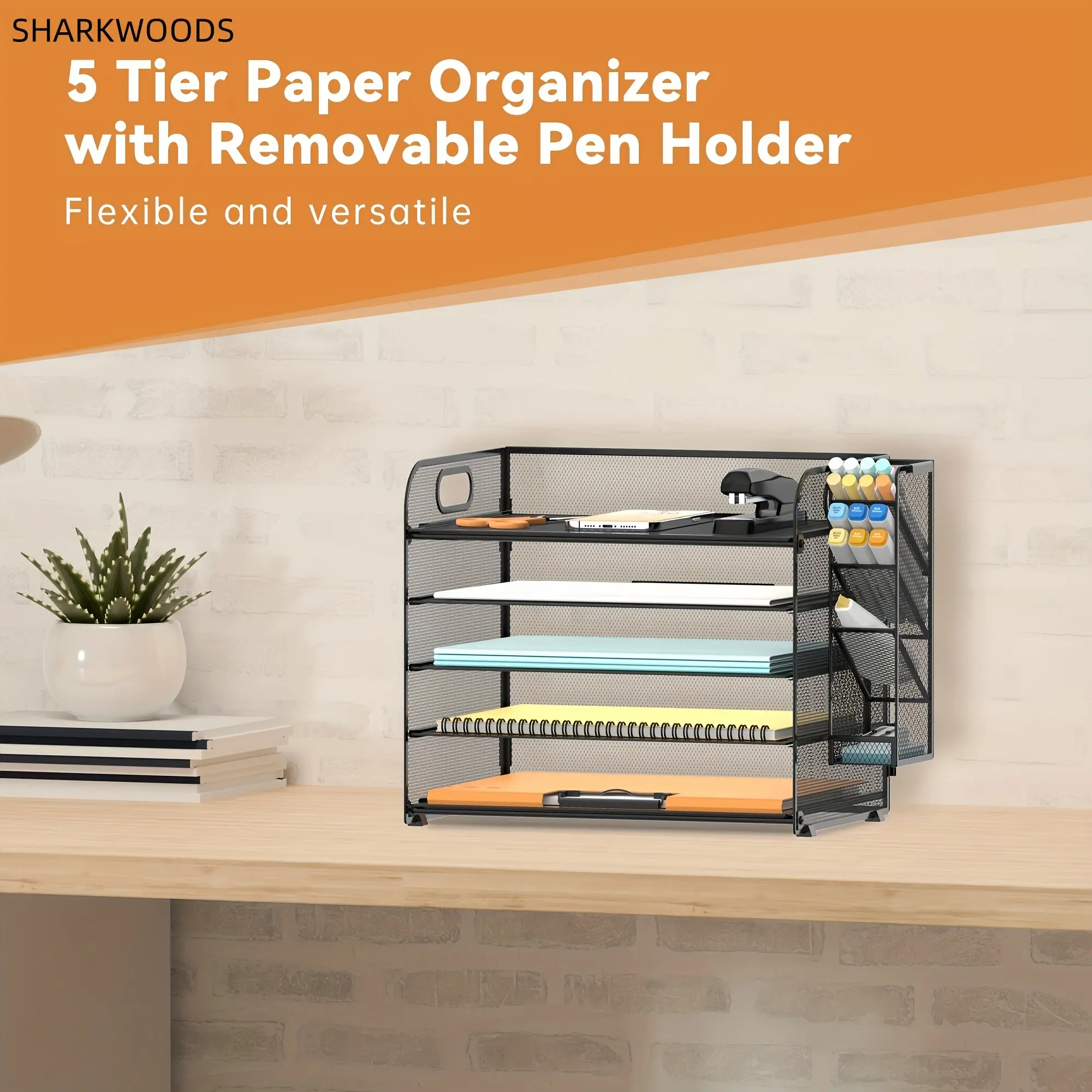 5 Tier Desk Organizer with Handle & Removable Pen Holders, Paper Letter Tray Organizer for Office Supplies, Mesh Paper/File Organizer for Desk