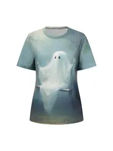 Women's Ghost Print T-Shirt, Casual Crew Neck Short Sleeve Tee for Outdoor Wear, Women's Top, Trendy and Casual, Halloween Womenswear