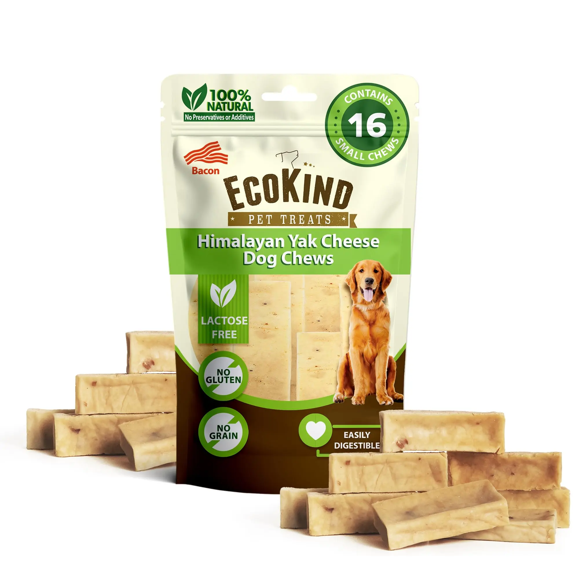 EcoKind Premium Gold Flavored Yak Cheese Himalayan Dog Chews | Bacon, Cheese, Chicken, Peanut Butter | All-Natural Healthy Dog Treats for All Breeds