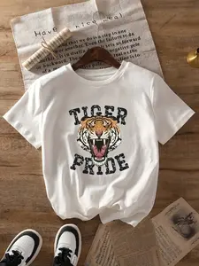Tiger Head Print T-shirt, Short Sleeve Crew Neck Casual Top For Summer & Spring, Women's Clothing