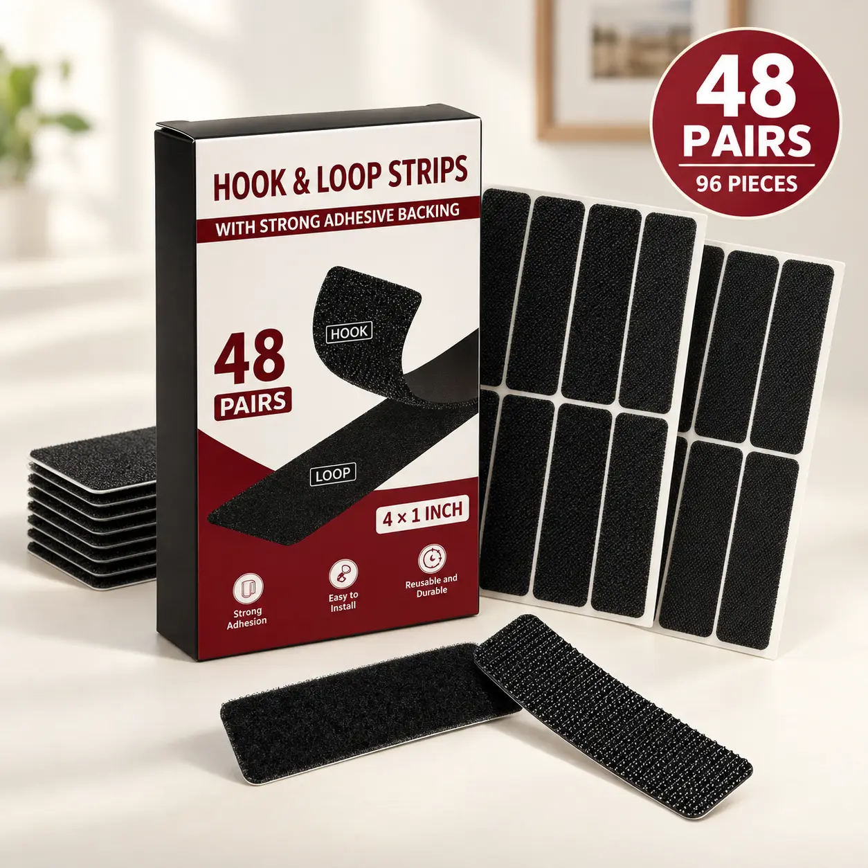 TAKOO (48 Pairs) Heavy Duty Hook and Loop Strips with Adhesive, Double-Sided Sticky Back Mounting Tape for Picture Hanging, Rug Gripper, Wall Mount, College Dorm Essentials, Home & Office Fastener Tape