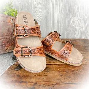 Desert Fern Western Tooled Leather Slide Sandals | Cushioned Tooled Leather Western Slides Casual Footwear