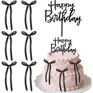 7 count Black Bow Cake Toppers with Black Happy Birthday Cakes Topper, Ribbon Bows for Cake  Birthday Decorations for Wedding Anniversary Party Christmas