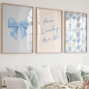 How Lucky Are We Print, Blue Floral Bow Wall Art Set of 3, Trendy Dorm College Apartment , Aesthetic Coastal Prints