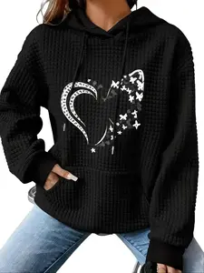 Waffle Knit Heart Butterfly Hoodie – Long Sleeve Drawstring Hooded Sweatshirt for Women,Loose Fit Casual Pullover with Kangaroo Pocket, Soft Waffle Texture Hoodie Top