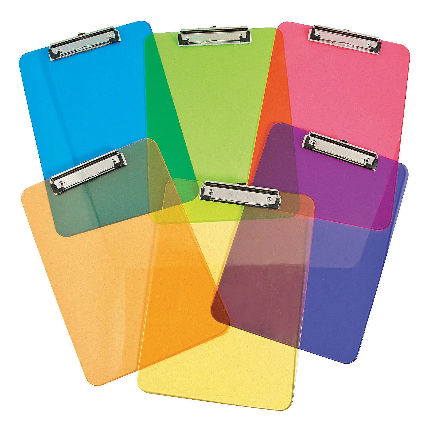 Colorful 6-Pc Transparent Plastic Clipboards Set - 9in x 12in, Red-Orange-Yellow-Blue-Green, Metal Clips - Office & School Material for Work Use