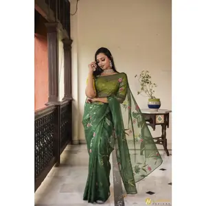 Lushkara Hand Painted Forest Green Organza Saree with Tassel