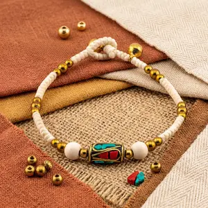 Thai Handmade Boho Bracelet - Stackable, Adjustable, Giftable - Artisan Nomad - Earthy Neutral & Inlay Bead