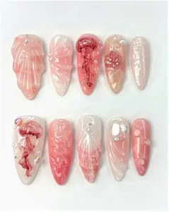 Pink Ocean Press On Nails 3D Jellyfish And Seashell Nail Art Pearl Mermaid Nails