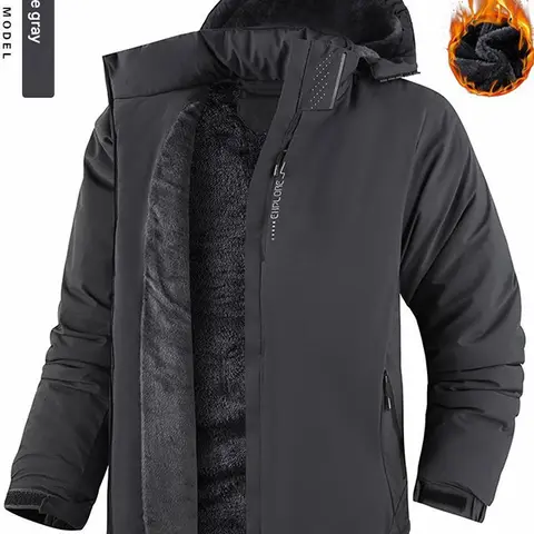 Outdoor Windproof Waterproof Plus Size Mountaineering Jacket Winter Fleece Thick Warm Softshell Coat Men's Cotton Jacket Side Grey Thermal Lined Outerwear