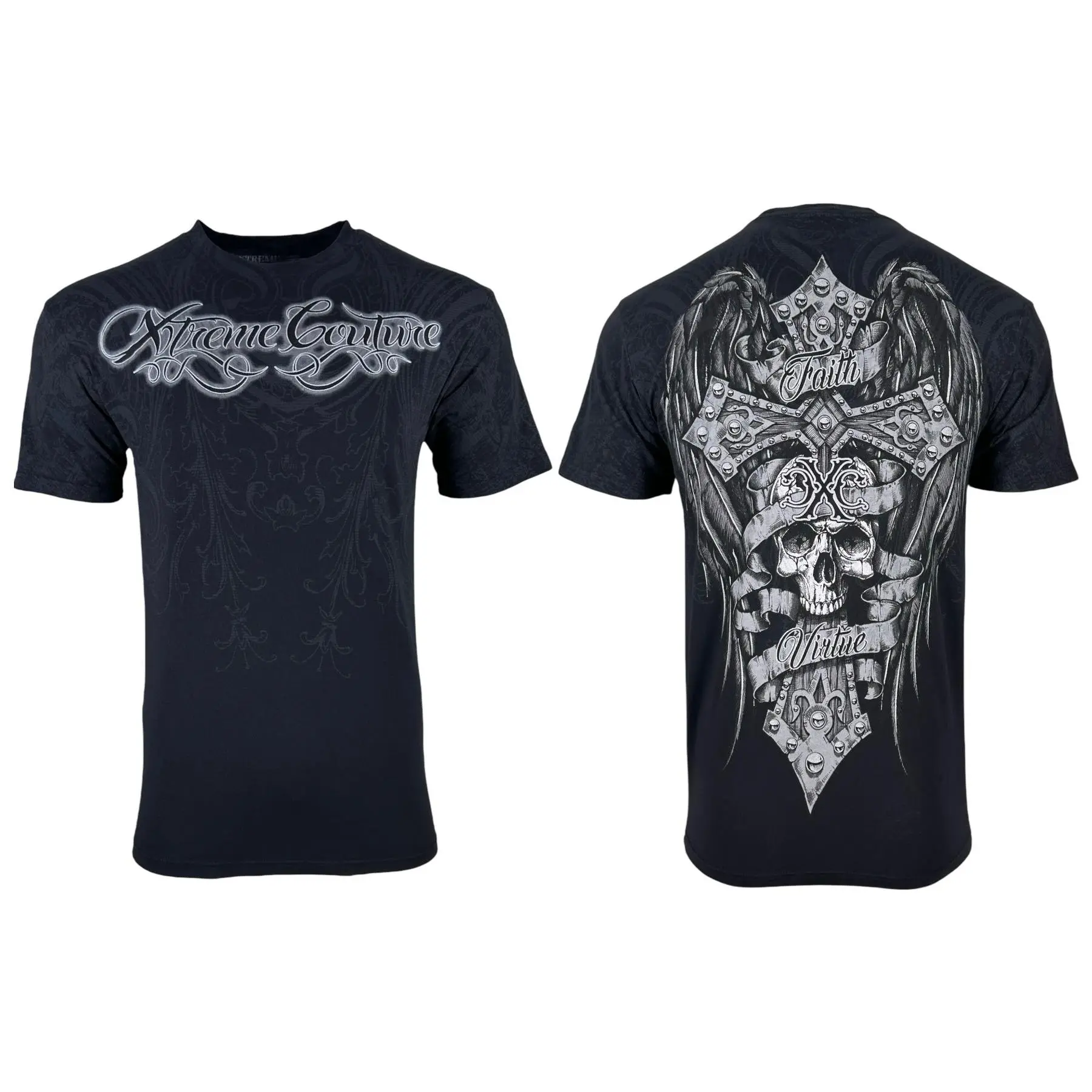 Xtreme Couture Gothic Motif Men's Fitted Short-Sleeve Round Neck 100% Cotton T-Shirt - Lightweight Tops with Front, Back & All Over Graphic Print, Cold Wash Casual Streetwear