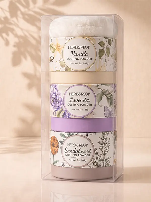 Herb & Root Mini Dusting Powder Trio – Talc-Free Body Powder Gift Set with Puff | Vanilla, Sandalwood & Lavender
