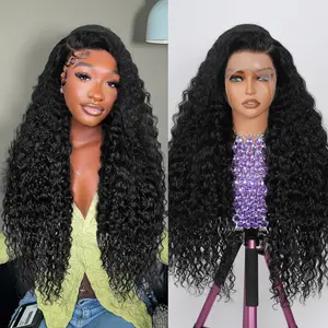 13x6 Deep Wave Lace Front Wigs Human Hair HD Full Lace Frontal Wigs 180 Density Pre Plucked Bleached Knots Deep Curly Human Hair Wig for Women Natural Color Summervibes
