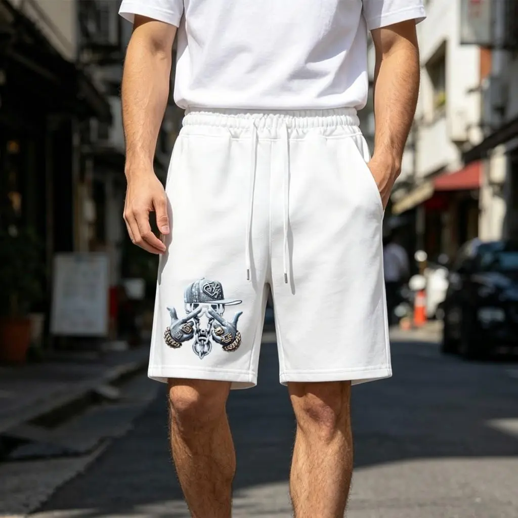 Black Unisex Metallic Hip Hop Hand Chain Cap Graphic Sweat Shorts Elastic Drawstring Waist Side Pockets Viral TikTok HipHop Streetwear Summer Shorts