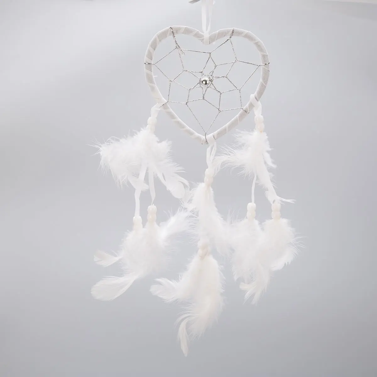 Thy Home 19" Traditional White Fabric Feathered Heart-Shape Dream Catcher Decorative Accessory, Hangable Indoor Home Bedroom Wall Decor, Ideal Mother's Day Gift