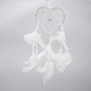 19" Traditional White Dream Catcher with Feathers Wall or Car Hanging Ornament Heart