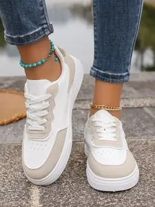 Women's Casual Round Toe Sneakers, Comfortable Slip-On Skate Shoes, PU Leather Low Top Rubber Sports Shoes for All Seasons
