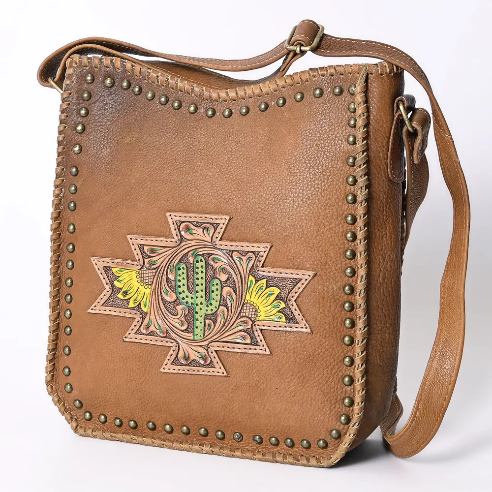 American Darling Large Cross body Bag Hand Tooled Cactus Floral Hair-On Cowhide Western Leather Purse 11.5in x 11in